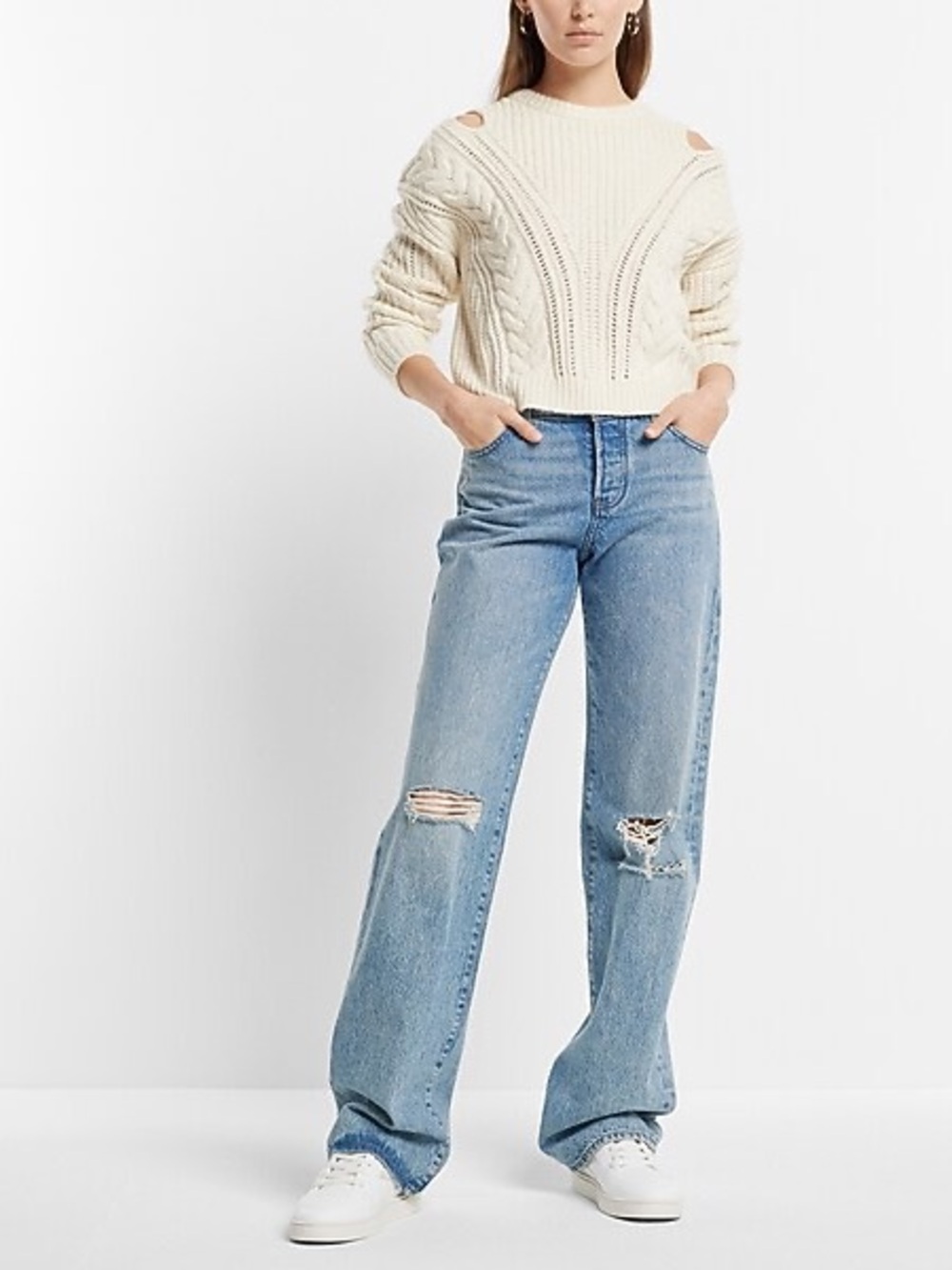 Express Cable Knit Crew Neck Cutout Sweater cream Women’s Size Medium NEW